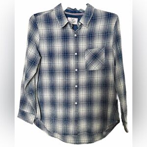Flag & Anthem Women's Plaid Flannel Shirt XL Blue White Long Sleeve Button Up